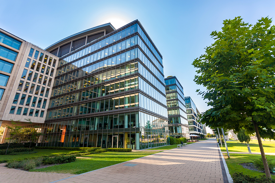 Modern office buildings with glass facade and green trees.